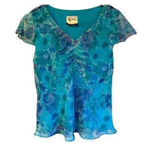 K Studio Women’s Blue Teal Purple Summer Floral Sheer Flutter Cap Sleeve Blouse